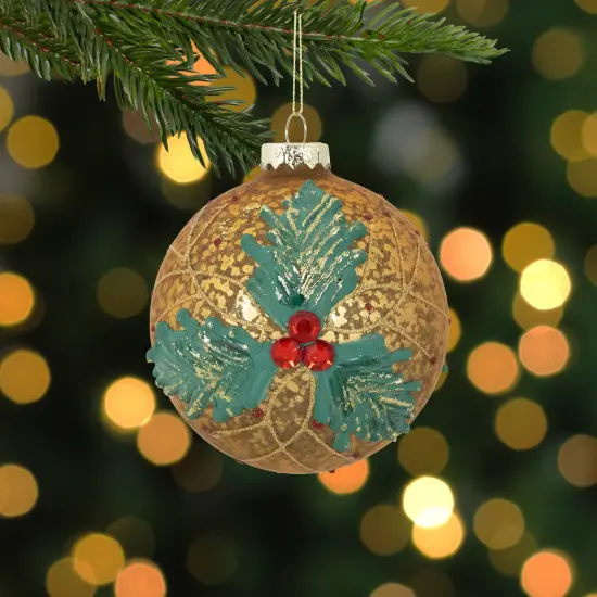 Northlight 4" Gold Holly Berry Mercury Glass Ball Christmas Ornament {3}
