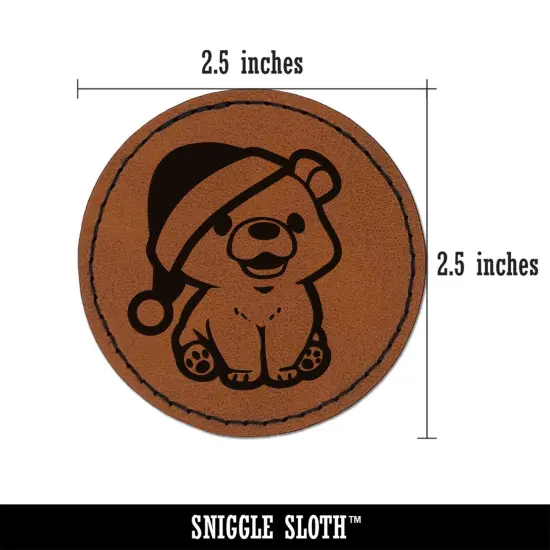 Christmas Bear Cub Santa Hat Round Iron-On Engraved Faux Leather Patch Applique - 2.5" Brown {2}