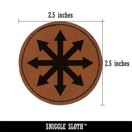 Chaos Symbol Arrows Pointing Out Round Iron-On Engraved Faux Leather Patch Applique - 2.5" Brown {3}