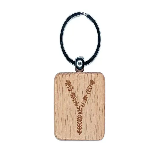 Elegant Botanical Floral Letter Y Engraved Wood Square Keychain Tag Charm {1}