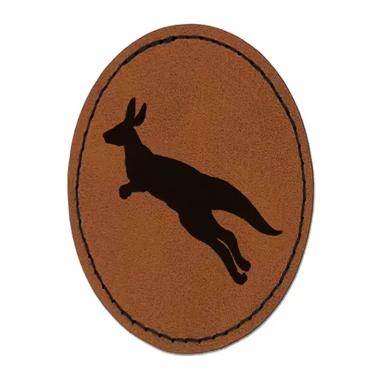 Kangaroo Jumping Solid Round Iron-On Engraved Faux Leather Patch Applique - 2.5" Brown {1}