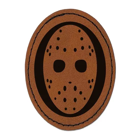Hockey Mask Goalie Scary Halloween Round Iron-On Engraved Faux Leather Patch Applique - 2.5" Brown {1}