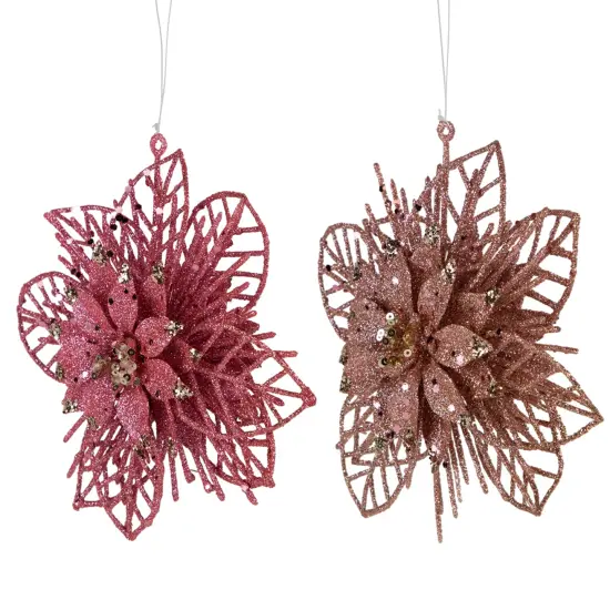 Northlight Pack of 4 Glittered Pink Poinsettia Christmas Ornaments 6" {6}