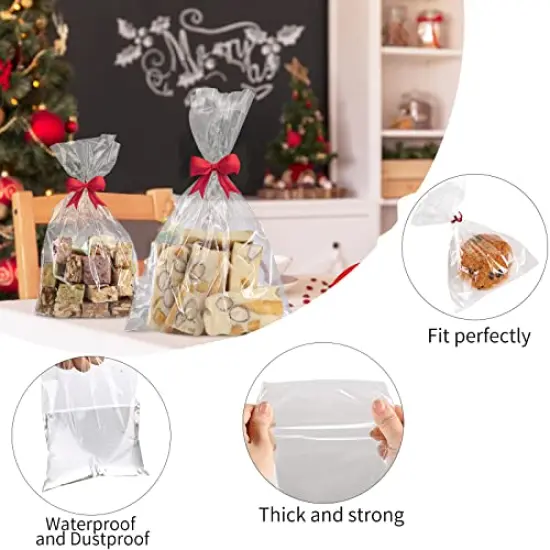 200 Pcs 10 in x 6 in(1.4mil.) Clear Flat Cello Cellophane Treat Bags Good for Bakery, Cookies, Candies,Dessert with five random color Twist Ties! {5}