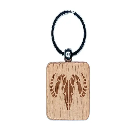 Ram Skull with Curved Horns Engraved Wood Square Keychain Tag Charm {1}