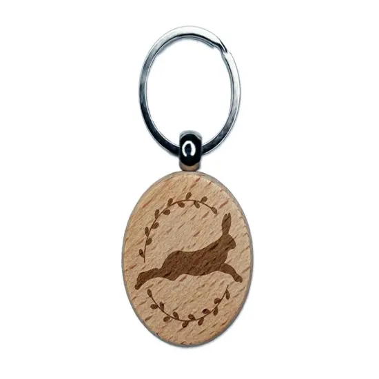 Leaping Jack Rabbit Silhouette Engraved Wood Round Keychain Tag Charm {1}