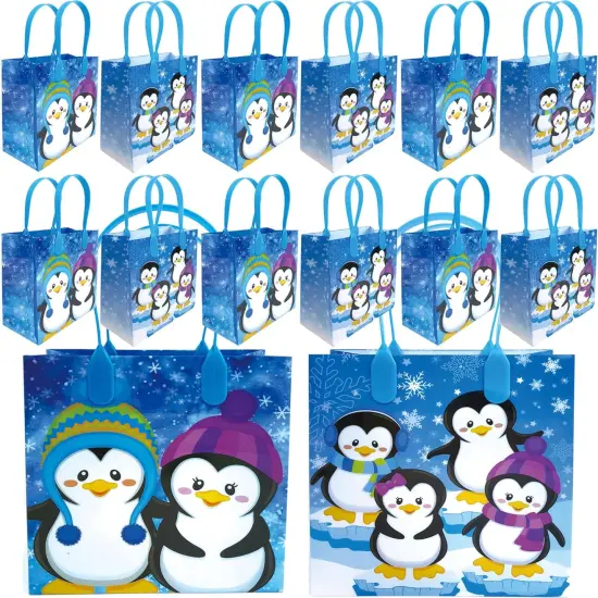 Tiny Mills Penguin Winter Themed Party Favor Bags Treat Bags with Handles Candy Bags for Holiday Party Gift Bags Christmas Holiday Party Supplies,12 Pack {1}