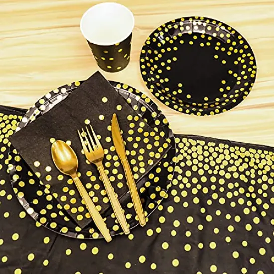 176 Pieces Gold Disposable Party Dinnerware Set &Golden Dot Disposable Party Dinnerware - Black Paper Plates Napkins Cups, Gold Plastic Forks Knives Spoons {6}