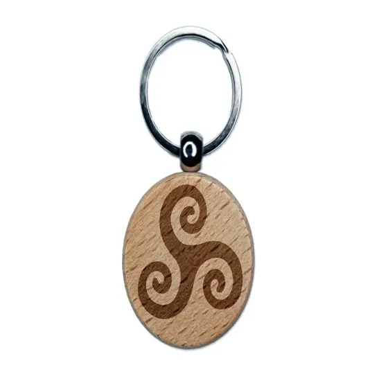 Triskele Triskelion Triple Spiral Celtic Symbol Engraved Wood Round Keychain Tag Charm {1}