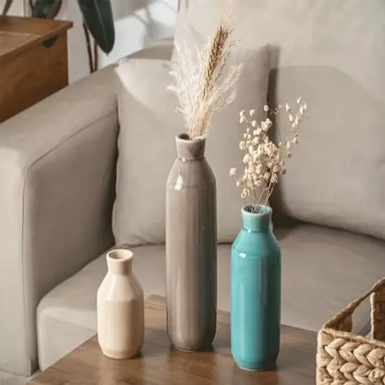 3 Pieces Flower Vase for Living Room Decor, Ceramic Vase for Farmhouse D&eacute;cor, Vases for Home D&eacute;cor, Shelf, Tall Ceramic Vase for Centerpiece Table Decorations, Grey&Peacock Blue&Off White {5}