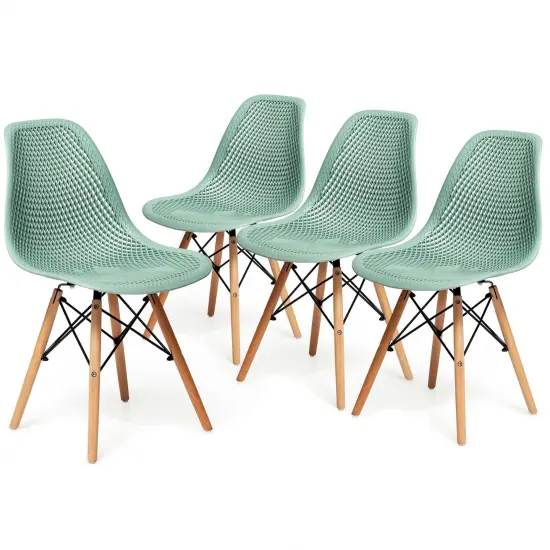 4 Pieces Modern Plastic Hollow Chair Set with Wood Leg Green {3}