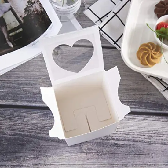 25 Pack 3" Mini Single Favor White Cupcake Boxes with Heart Shape Window without Handle,Small Cupcake Box Carrier Individual Containers 3X3X3inch {4}