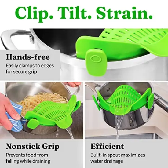 Snap N Strain Pot Strainer and Pasta Strainer Cooking Gadgets - Adjustable Silicone Clip On Strainer for Pots, Pans, & Bowls - Perfect Cooking Gifts for Women, Kitchen Gifts - Lime Green {4}