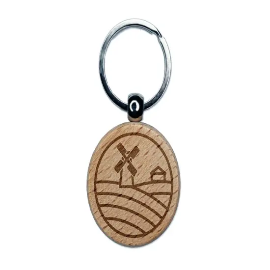 Wind Mill on Farm Engraved Wood Round Keychain Tag Charm {1}