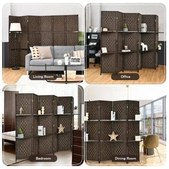6 Panel Folding Weave Fiber Room Divider with 2 Display Shelves Brown {3}