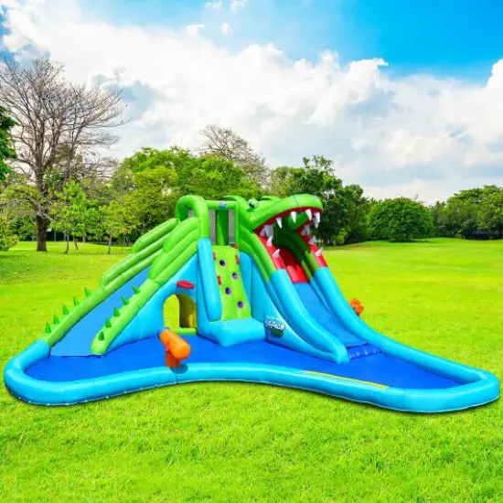 Inflatable Crocodile Water Slide Climbing Wall Bounce House {1}