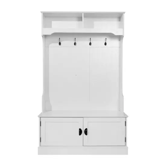 Merrick Lane Wallen Hallway Tree with Bench Seating, 4 Double Coat Hooks, Upper Storage and Double Door Under Bench Storage White {6}