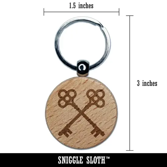 Two Crossed Keys Engraved Wood Round Keychain Tag Charm {2}