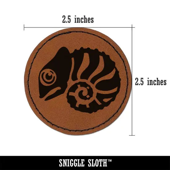 Cautiously Curled Chameleon Lizard Round Iron-On Engraved Faux Leather Patch Applique - 2.5" Brown {3}