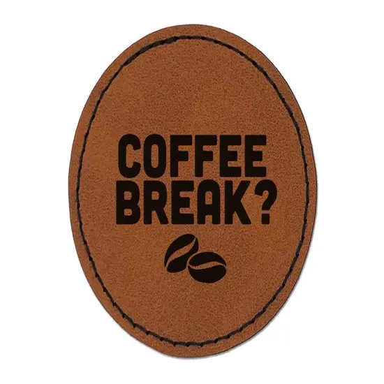 Coffee Break with Beans Round Iron-On Engraved Faux Leather Patch Applique - 2.5" Brown {1}
