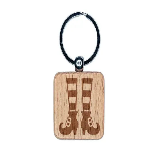 Witch Shoes Striped Stockings Halloween Engraved Wood Square Keychain Tag Charm {1}