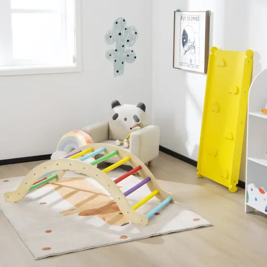 3-in-1 Kids Climber Set Wooden Arch Triangle Rocker with Ramp and Mat Yellow {2}