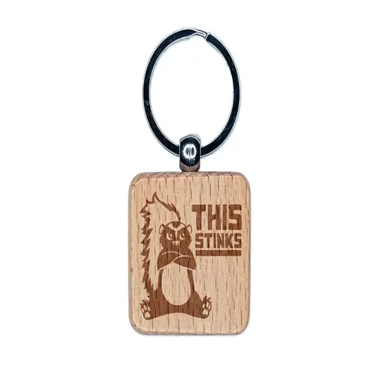 This Stinks Says the Grumpy Skunk Engraved Wood Square Keychain Tag Charm {1}