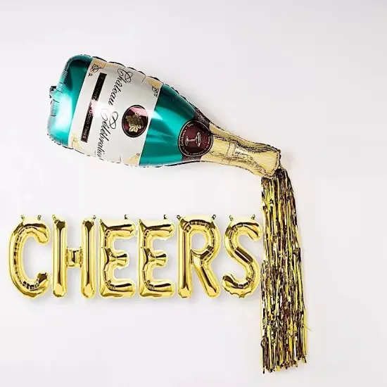 39" Gold Green Champagne Bottle and Goblet Mylar Foil Balloons {2}