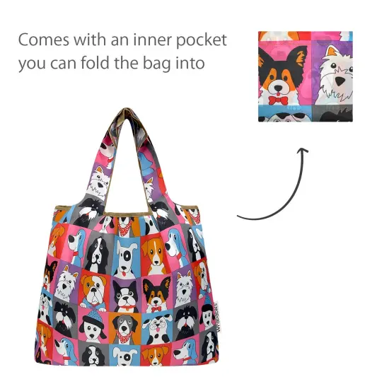 Wrapables Medium Foldable Tote Nylon Reusable Grocery Bag (Set of 2), Cute Dogs {5}