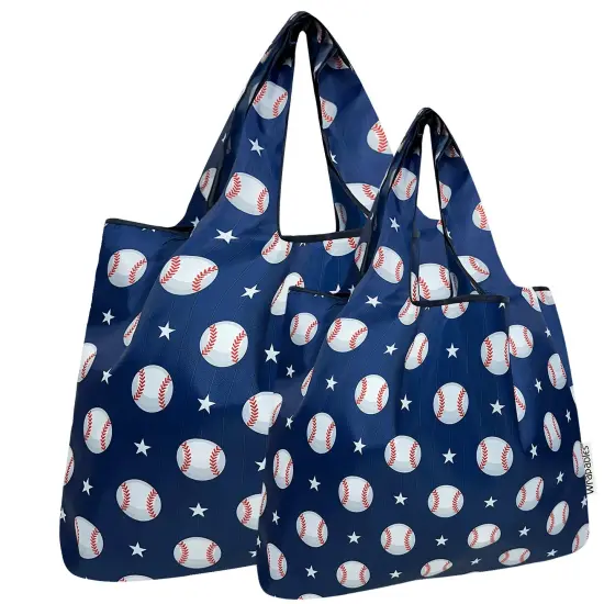 Wrapables Large & Small Foldable Tote Nylon Reusable Grocery Bags, Set of 2, Baseball {1}