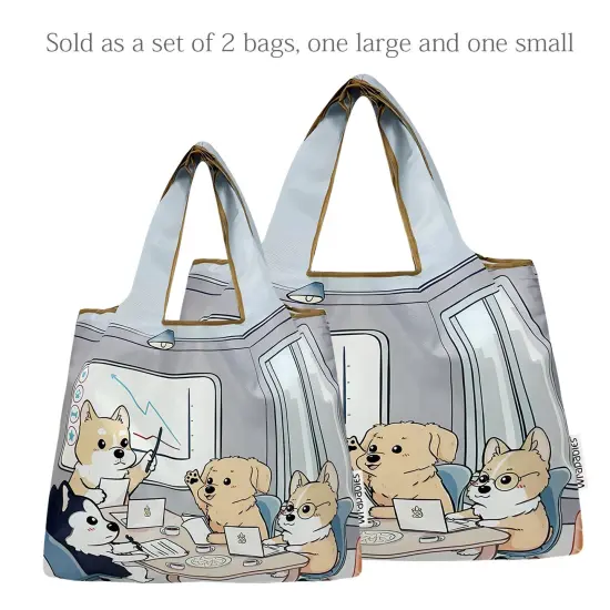 Wrapables Large & Small Foldable Tote Nylon Reusable Grocery Bags, Set of 2, Dogs Rule {3}