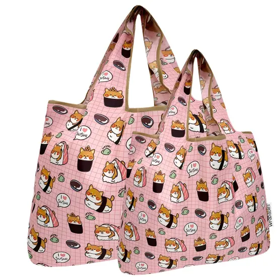 Wrapables Large & Small Foldable Tote Nylon Reusable Grocery Bags, Set of 2, Doggy Sushi {1}