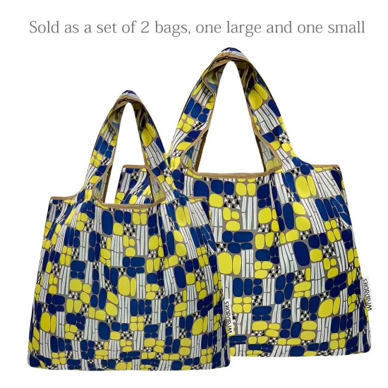 Wrapables Large & Small Foldable Tote Nylon Reusable Grocery Bags, Set of 2, Yellow Abstract {3}