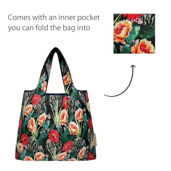 Wrapables Medium Foldable Tote Nylon Reusable Grocery Bag (Set of 2), Floral Cactus {5}