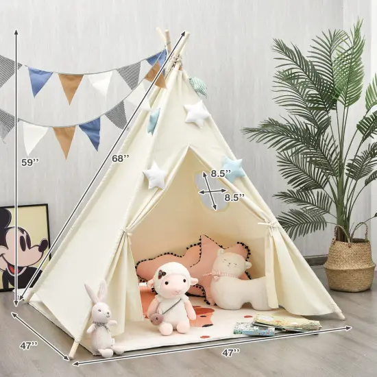 Beige Fold able Kids Canvas Teepee Play Tent with Wooden Support {5}