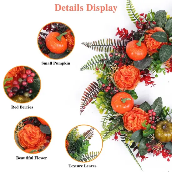 17.71 Inch Autumn Wreath with Pumpkin Mixed Leaves Berries Flowers Fall Decoration {2}