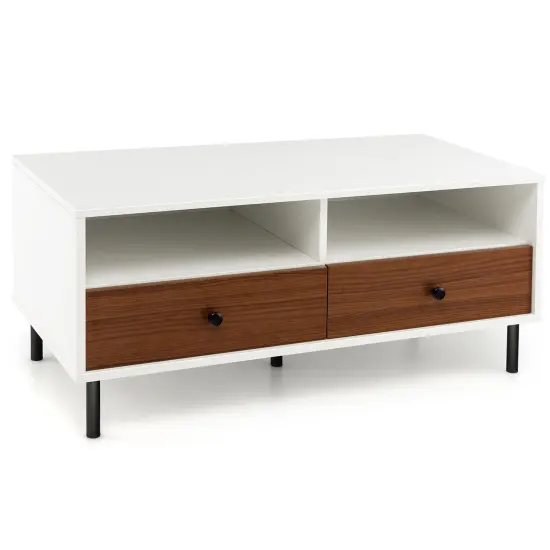 2 Tier 40 Inch Length Modern Rectangle Coffee Table with Storage Shelf and Drawers-White {2}