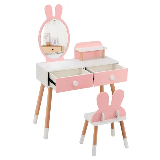Kids Vanity Table and Chair Set with Drawer Shelf and Rabbit Mirror Pink {4}
