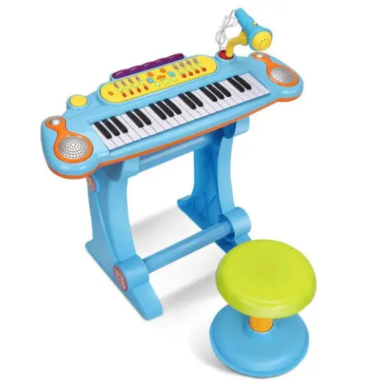 Kids Electronic 37 Key Toy Piano w/ Microphone & Stool-Pink {2}