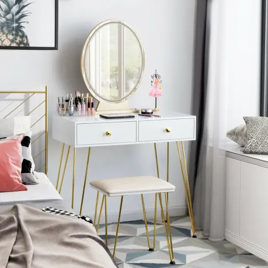 Makeup Dressing Table Included Soft Cushion Seat Stool with 3 Lighting Modes and 2 Large Drawers White {2}