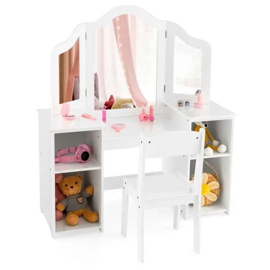 Kids Vanity Table and Chair Set with Removable Tri-Folding Mirror White {4}