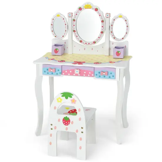 Kids Vanity Princess Makeup Dressing Table Chair Set with Tri-fold Mirror White {1}