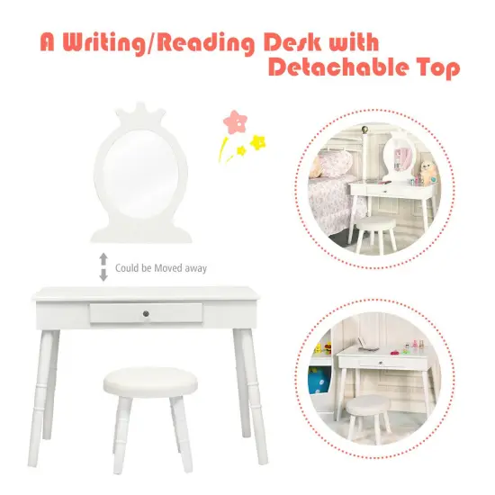 Kids Vanity Makeup Table and Chair Set Make Up Stool White {3}