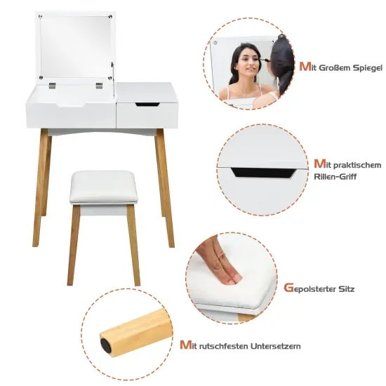 Vanity Makeup Table Cushioned Stool Set with Flip Top Mirror {5}