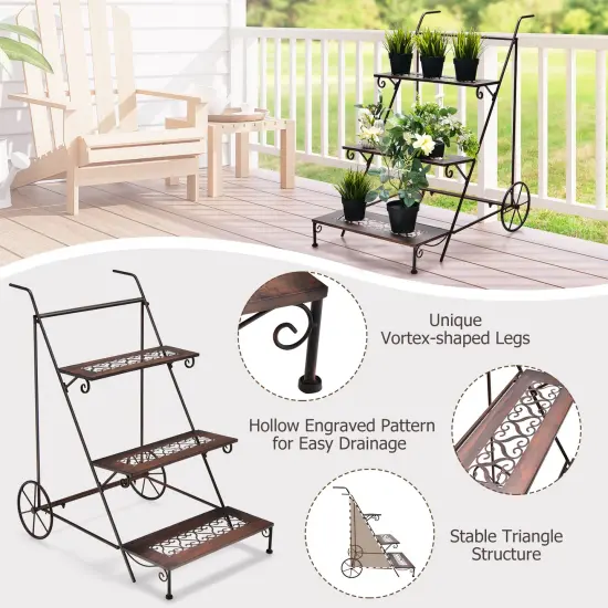 3-Tier Metal Plant Stand with Wheels and Handle for Balcony {6}