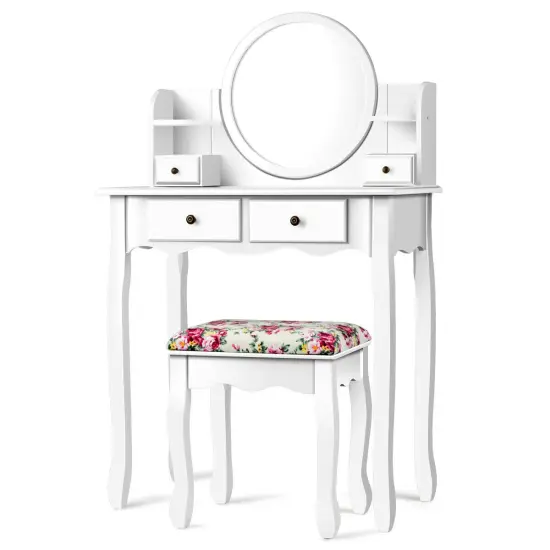 Makeup Vanity Table Set Girls Dressing Table with Drawers Oval Mirror White {5}