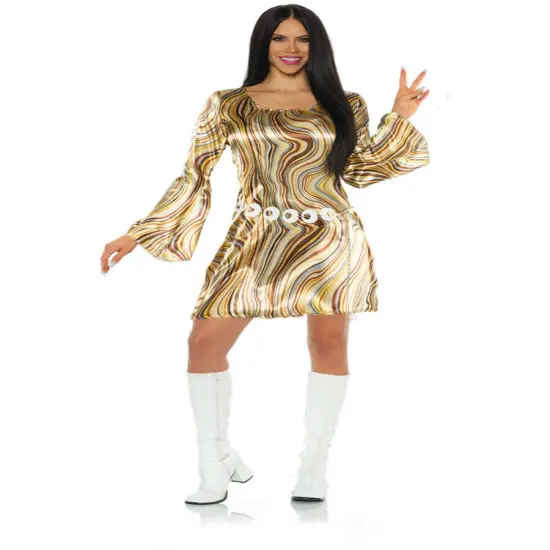 Women's 70s Ace Disco Diva Brown Swirls Mini Dress Costume {1}