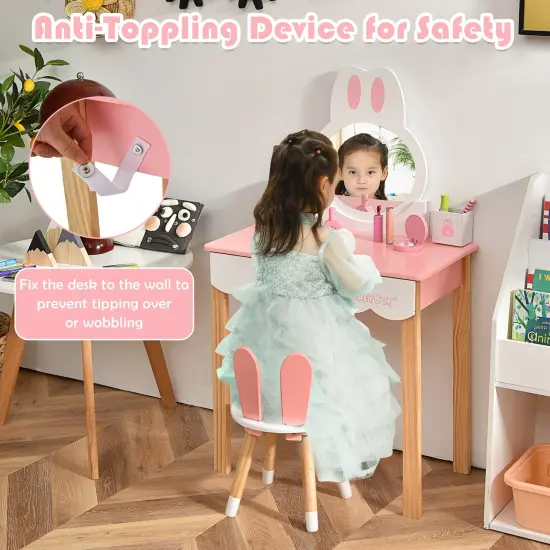 Kids Vanity Set Rabbit Makeup Dressing Table Chair Set with Mirror and Drawer White {7}