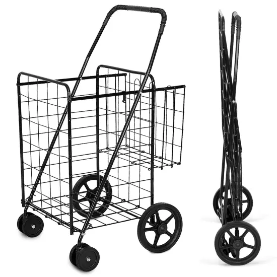 Folding Shopping Cart for Laundry with Swiveling Wheels & Dual Storage Baskets Black {1}