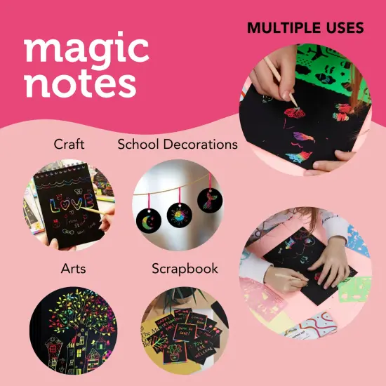 Incraftables Rainbow Scratch Paper Set. Magic Notes Kit with 30pcs Scratch Art Paper, 5pcs Wooden Stylus & 4pcs Drawing Stencils. Black Scratch Off Paper for Kids. Best Scratch Pad for Drawing & Craft {4}